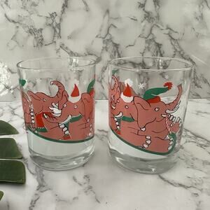 Vintage Neiman Marcus Pink Elephant Glass Set of 2 Clear Christmas Snow